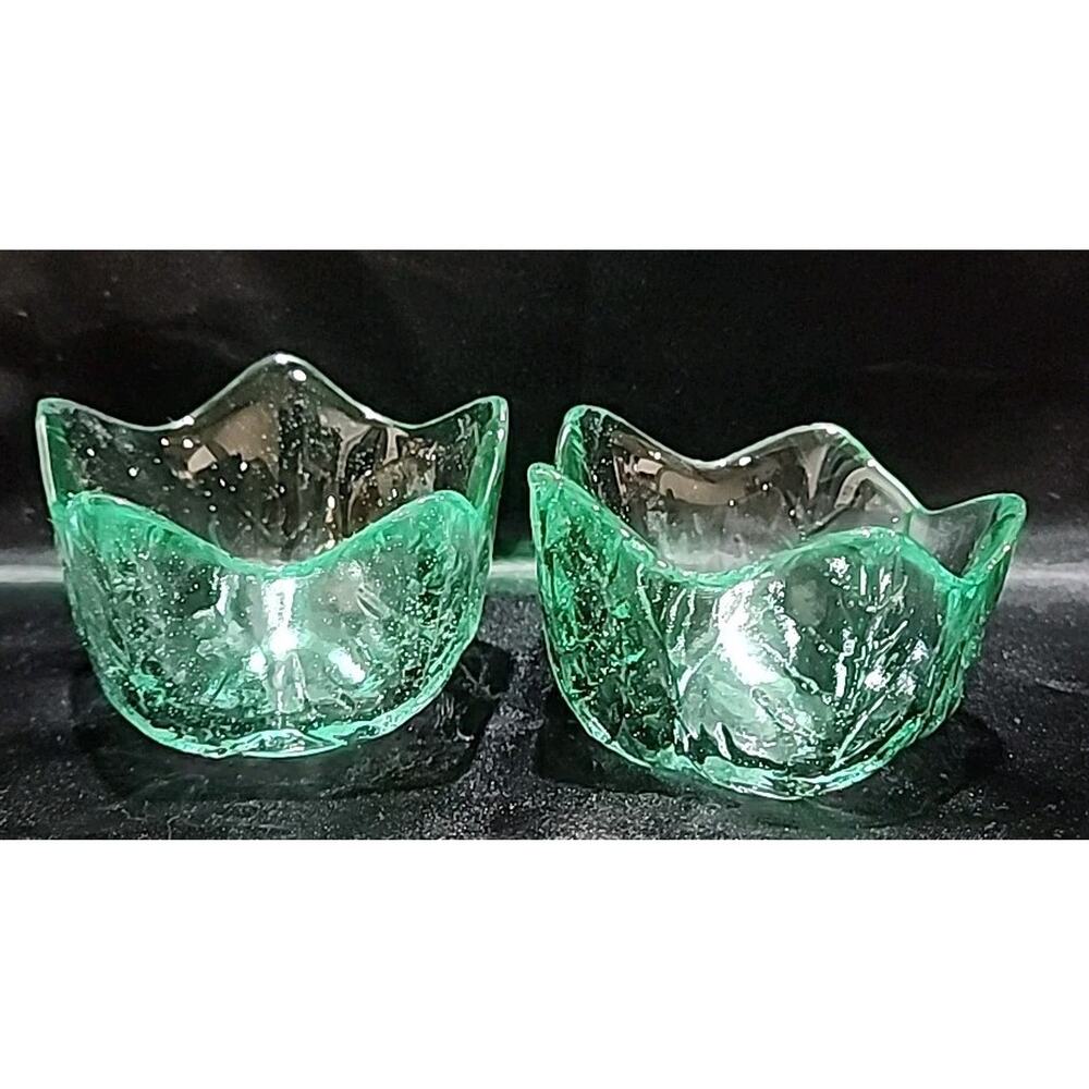Set Of 2 Recycled Glass Leaf Lotus Flower Candle Holder / Trinket Bowl Green